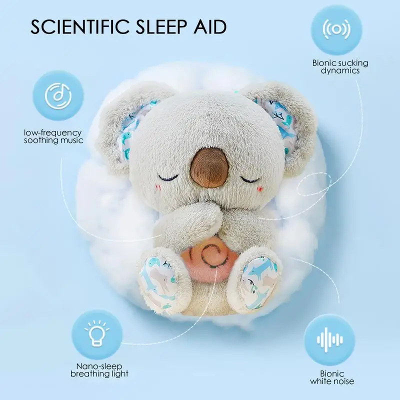 Koala Plush Doll Toy para crianças, urso respirador, música calmante, som e luz, presente para bebê
