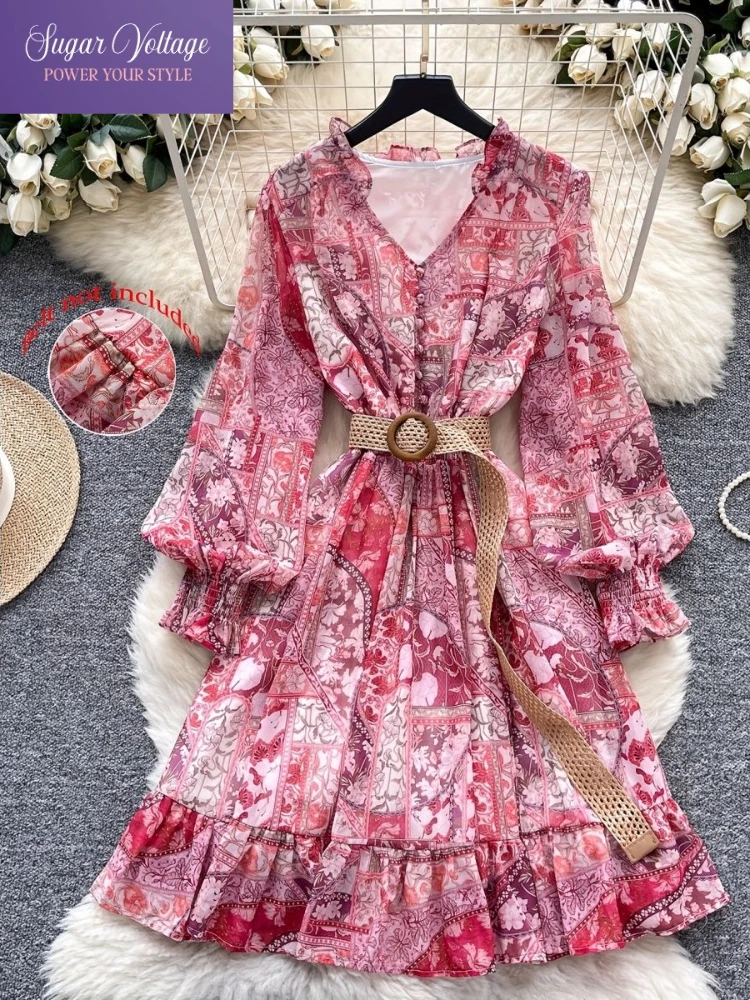 Abito europeo romantico con stampa floreale retrò Donna Autunno 2025 Scollo a V Orlo con volant Manica lunga Elegante abito maxi stile Boho vintage