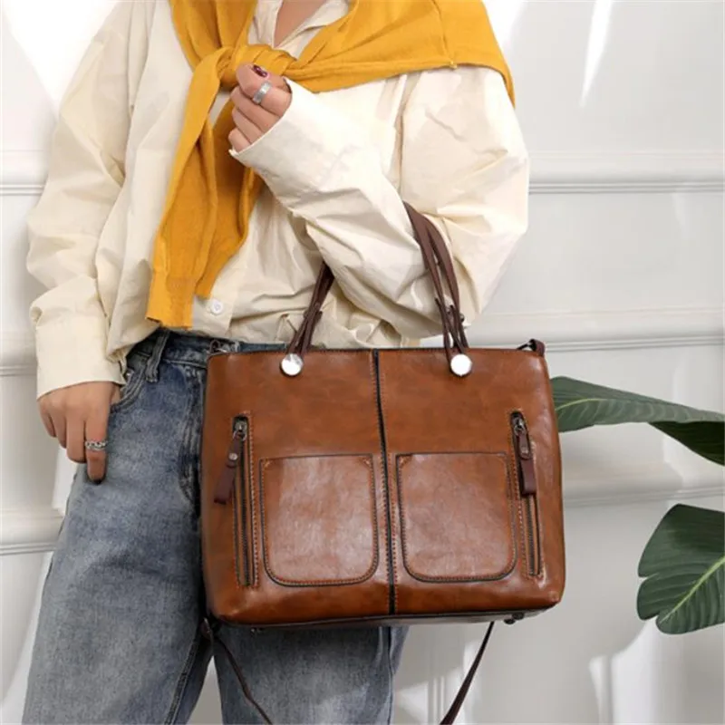 حقيبة كتف جلدية كلاسيكية من أوروبا وأمريكا، حقيبة حمل بسحاب بجيبين، حقائب كروس كلاسيكية للنساء في العمل