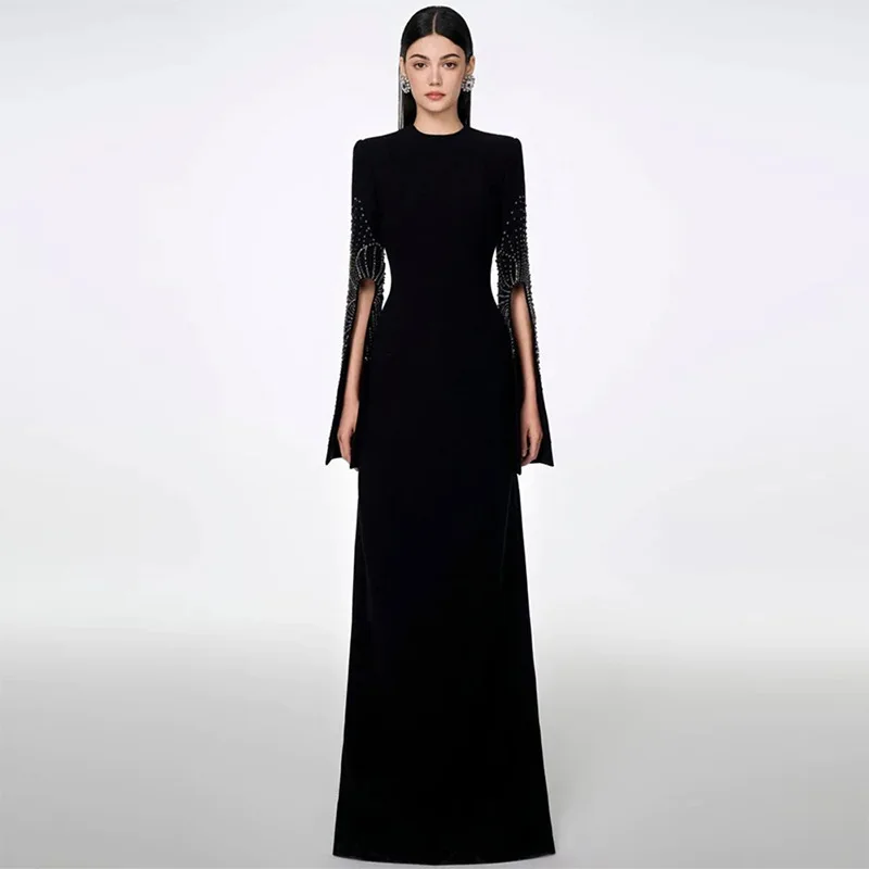 Spot Goods 2025 New Elegant Heavy Beaded Slit Sleeve Long Dress Celebrity Evening Gown