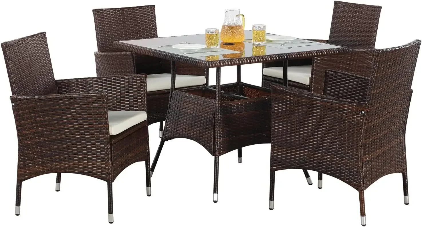 5-delige rieten buitentafel en stoelen, terras-eetset voor achtertuin, terras, balkon, veranda, bruin