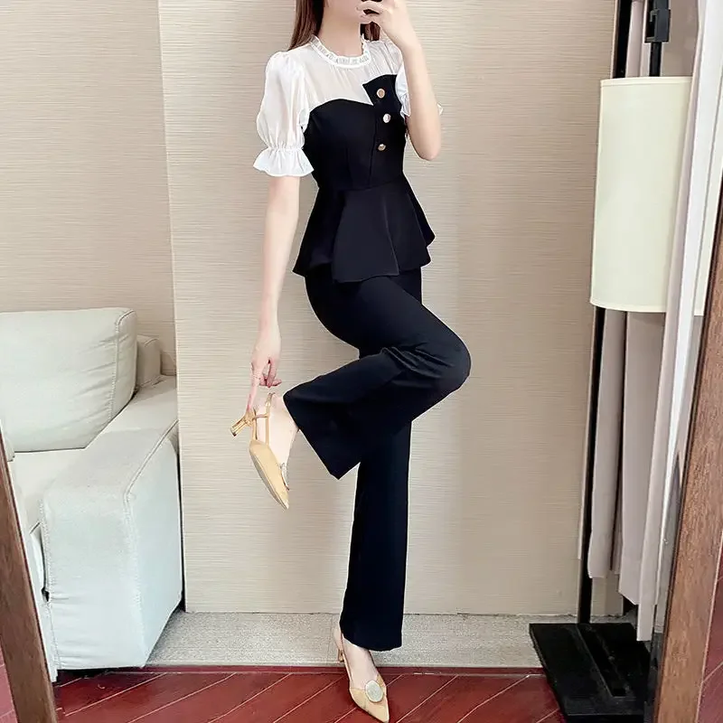 Summer 2024 Women\'s Pants Two Piece Set Sexy Party Black with Sleeve Ladies Trouser Clothing Sales Casual Elegant Korea Stylish