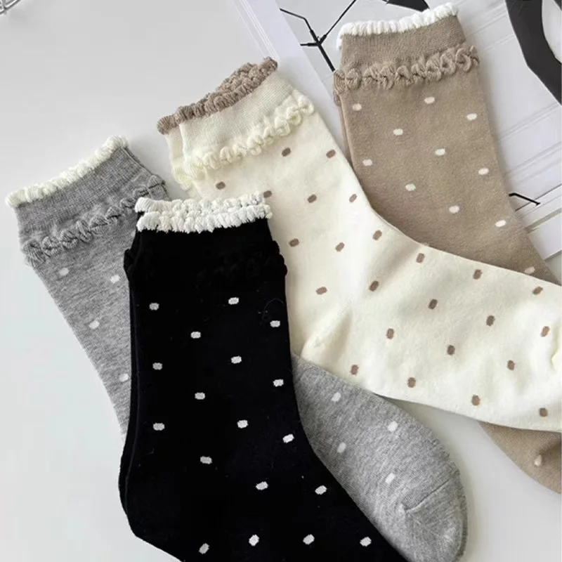 Kaus kaki wanita renda putih musim gugur tabung tengah kaus kaki hangat katun Harajuku Retro Polka Dot Ruffle gadis hadiah nyaman gaya Preppy