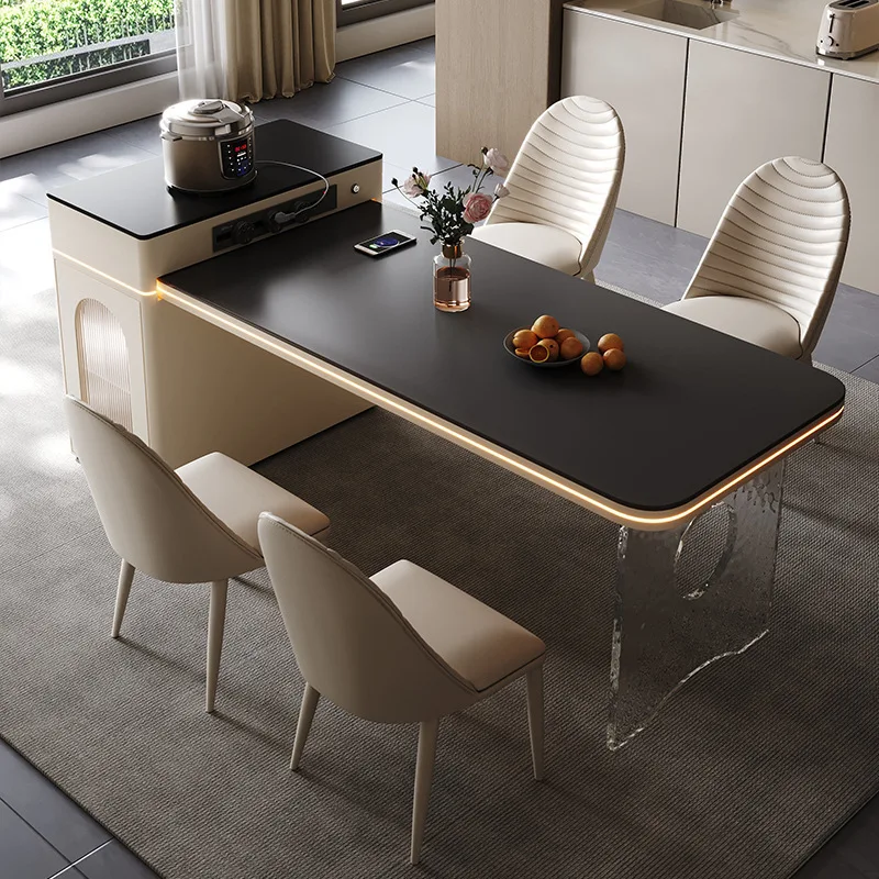 Rock slab island tea table dining table household small apartment tea table office retractable cabinet with drawers