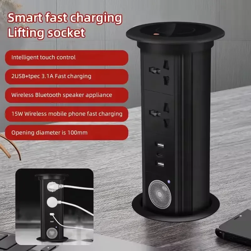 Smart Pop Up Power Socket Tower with Wireless Charger Electric Lift Outlet for Kitchen Counter Desktop Universal Hidden Plug