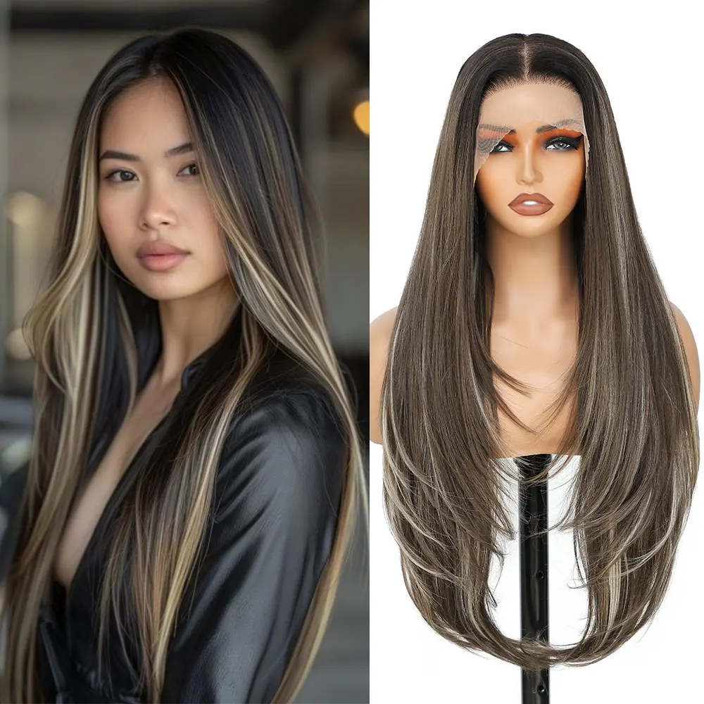 

Гладис 13x4 Синтетический парик фронта шнурка 30-дюймовые длинные прямые парики блондинки с эффектом омбре для чернокожих женщин Термостойкие парики для косплея