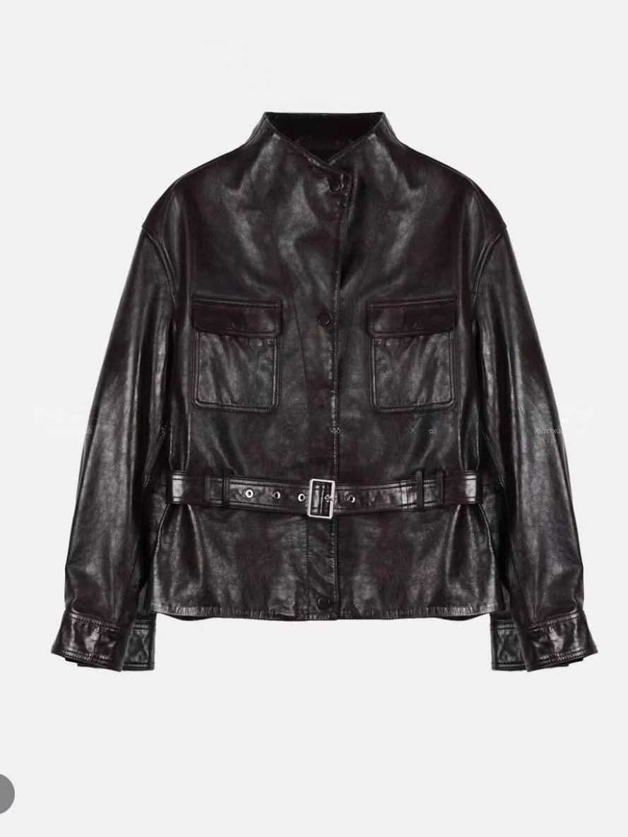 

Ning 2025 New Sle Women's Leather Jaet Coat Genuine eepskin Long Sve Zipper Closure Slim Fit Luxury Faion