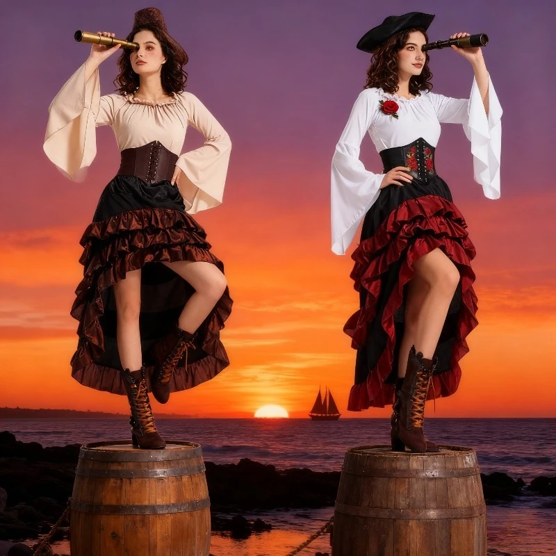 

Средневековый карнавальный пиратский костюм нестандартной формы, женский готический облегающий корсет с плиссированной юбкой, костюм для косплея-навигатора