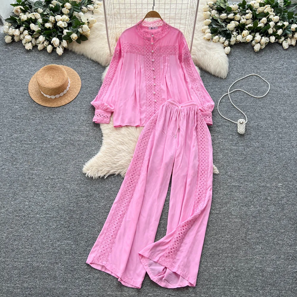 

Pant Set Women Two Piece Sets Round Neck Full Sleeve Shirt Tops Casual Wide Leg Long Pants Lace Up Elastic Waist Y2k Streetwear