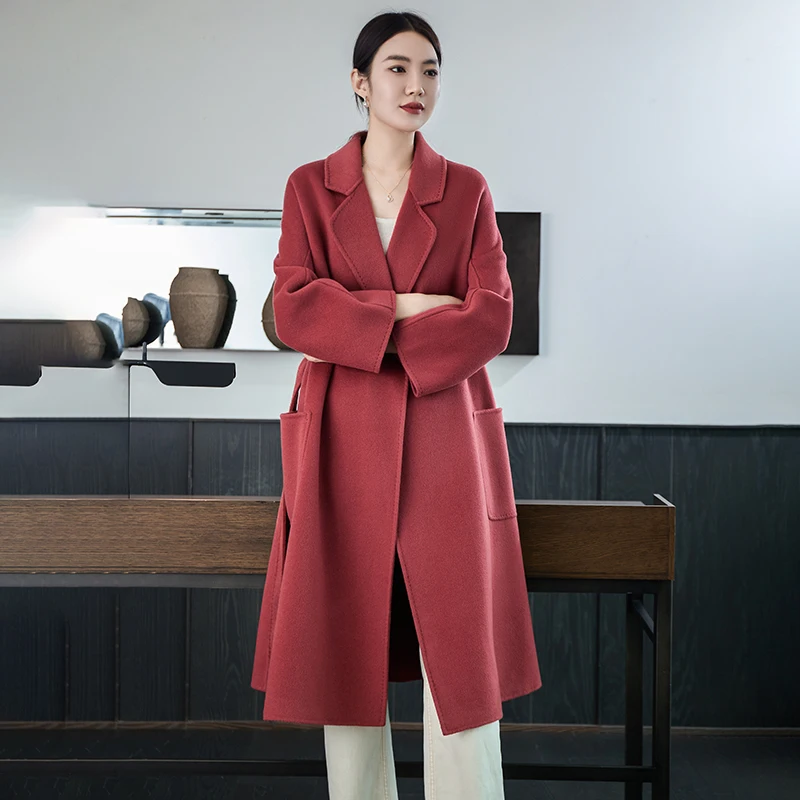 

2025 Autumn Winter New 100% Australian Wool Women's Long Coat with Belt, Loose Fit, Raglan Sleeves, Simple Woolen Trench Coat