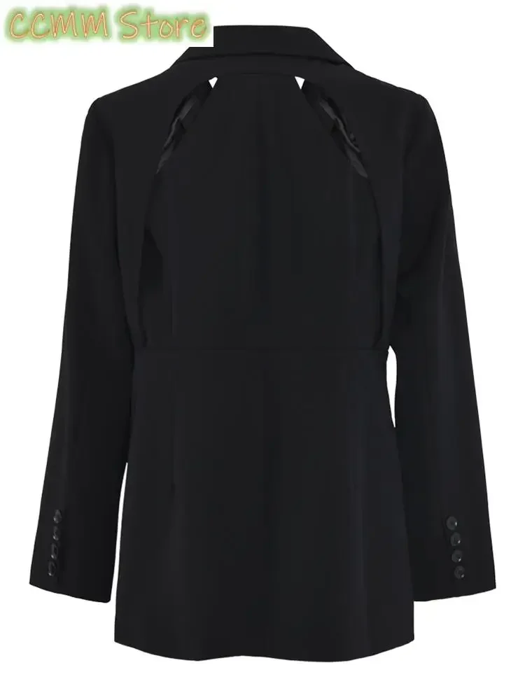 Women Black Pleated Back Holllow Out Casual Blazer New Lapel Long Sleeve Jacket Fashion Tide Spring Autumn