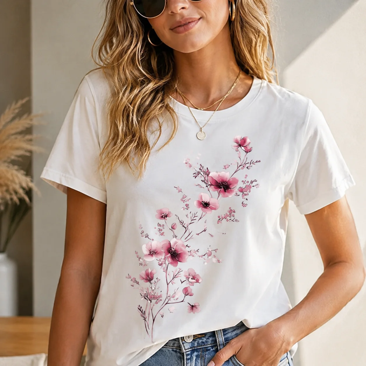 Elegant Floral Branch Print Casual Women's T-Shirt Crew Neck Short Sleeve Tee Fashion Harajuku Kawaii T-shirt Y2K Women Clothing
