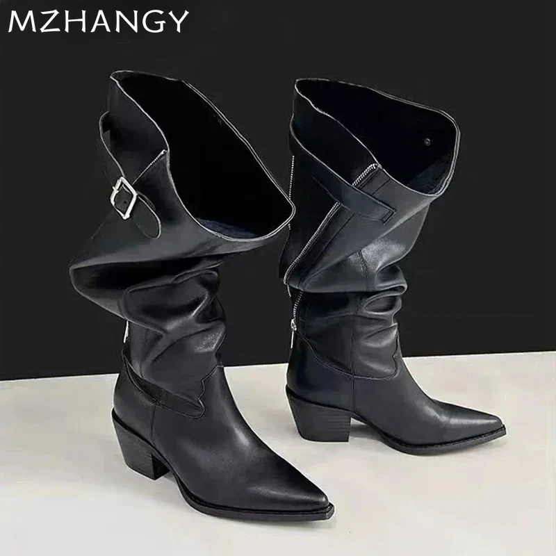 Women Chunky High Boots Leather Designer Sexy Pointed Toe Shoes 2024 Trend New Chelsea Boots Winter Fashion Pumps Mujer Botas