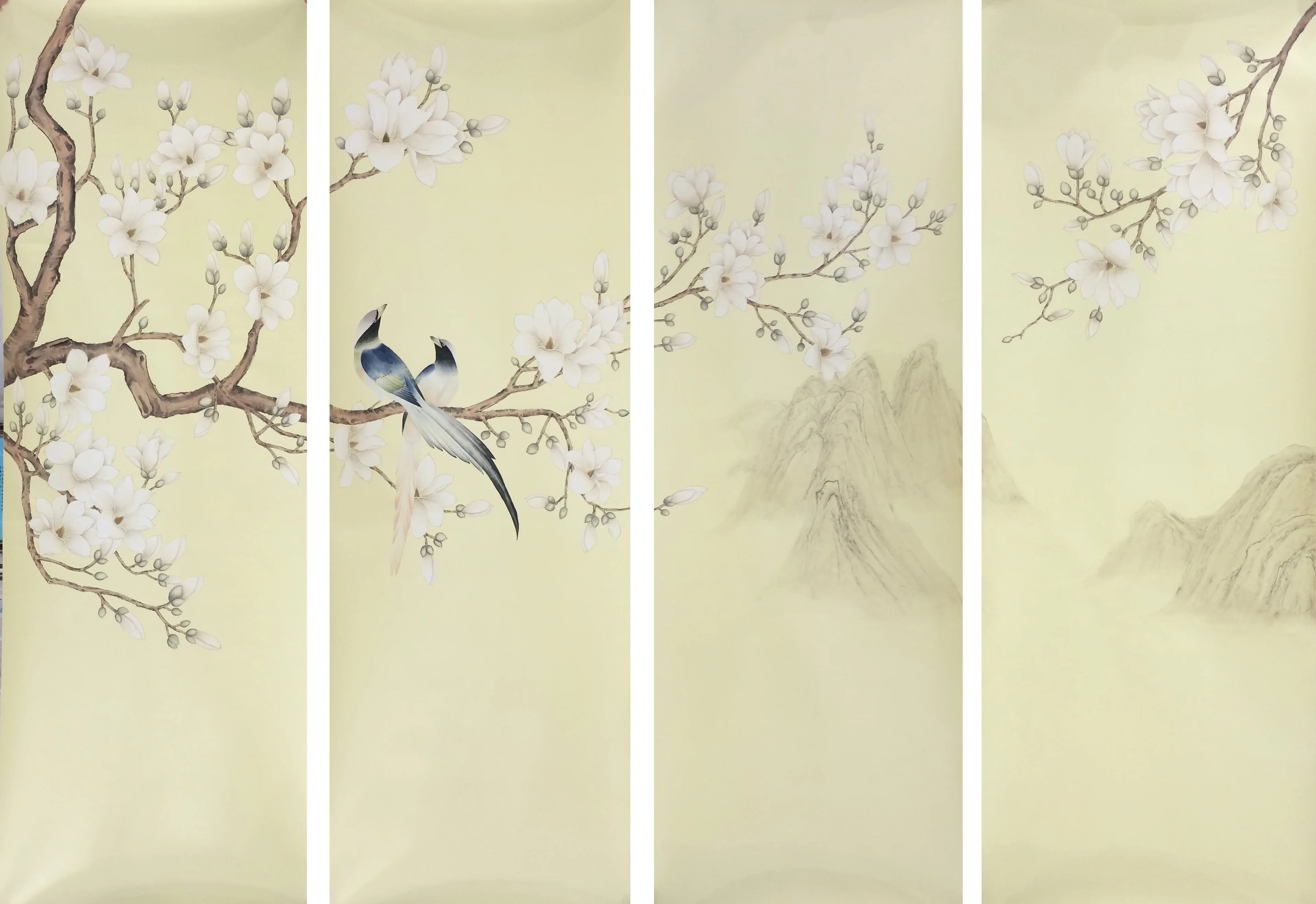 

Custom Luxury wallcovering Hand Painted Magnolia &Birds & landscape silk Wallpapers for TV/Bedroom/Living/Dinning/Porch/Sofa