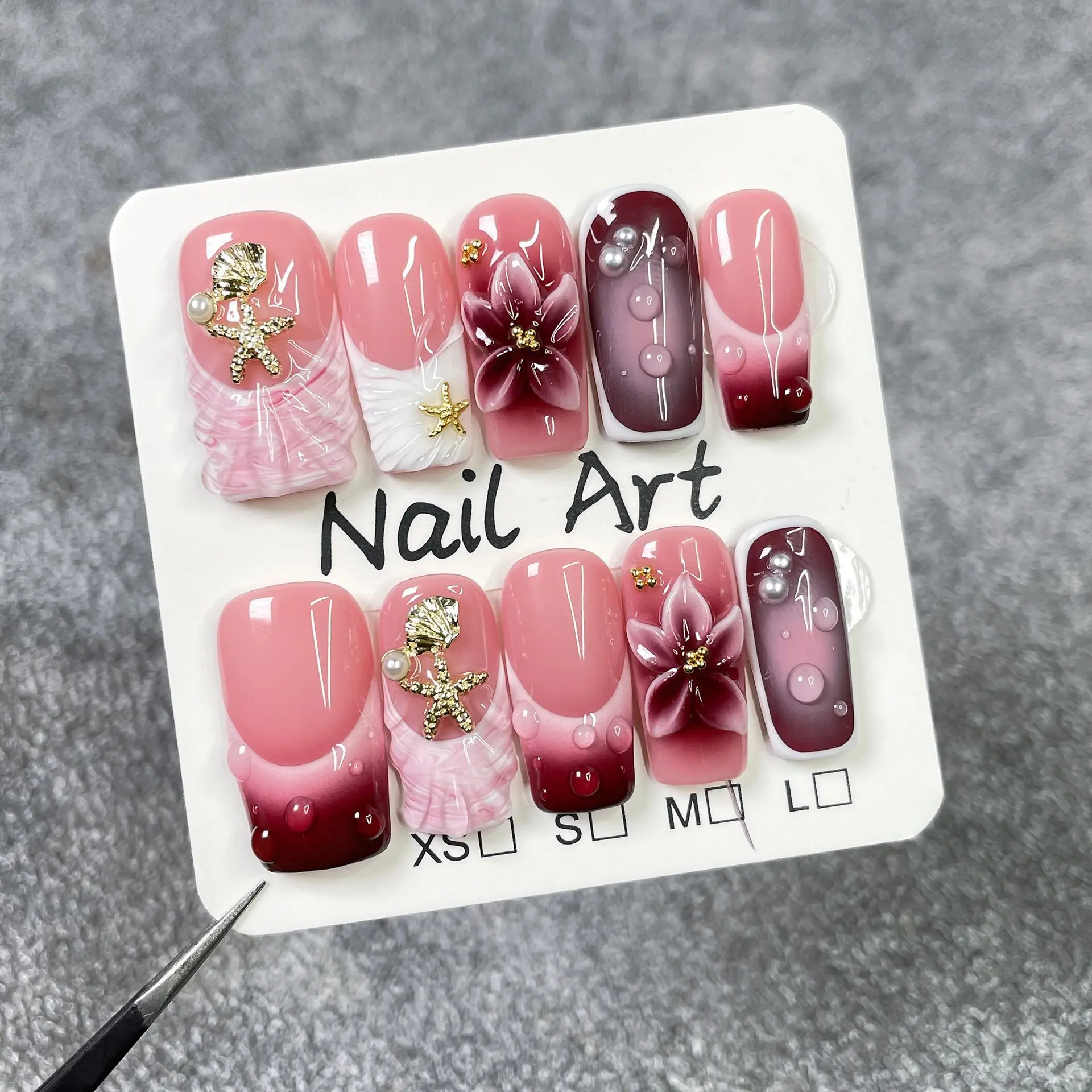 10 pezzi vino rosso sfumato fatto a mano stampa sulle unghie unghie finte quadrate francesi fiore 3D indossabile unghie adesive unghie finte Uñas