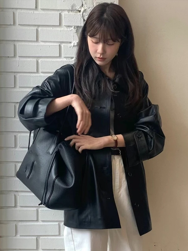 

Retro Bla PU Leather Jaet Women's Loose Midi Coat Chic Autumn Faion Design Street Sle Long Sve Suit Collar Coat