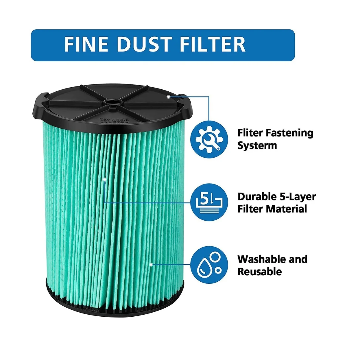 VF6000 5-Layer Pleated Replacement Vacuum Filter Compatible for 5-20 Gallon Wet/Dry Vacuums (2 Packs)