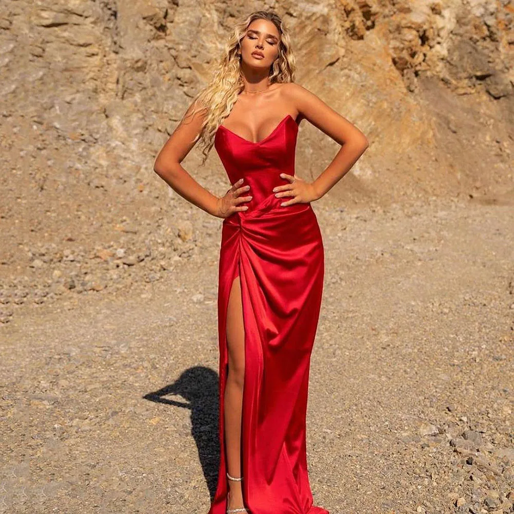 

Msikoods Satin Red Evening Dresses Simple Sweethearts Pleats Side Slit Women Formal Prom Dress Dridesmaid Gowns Robe de soiree