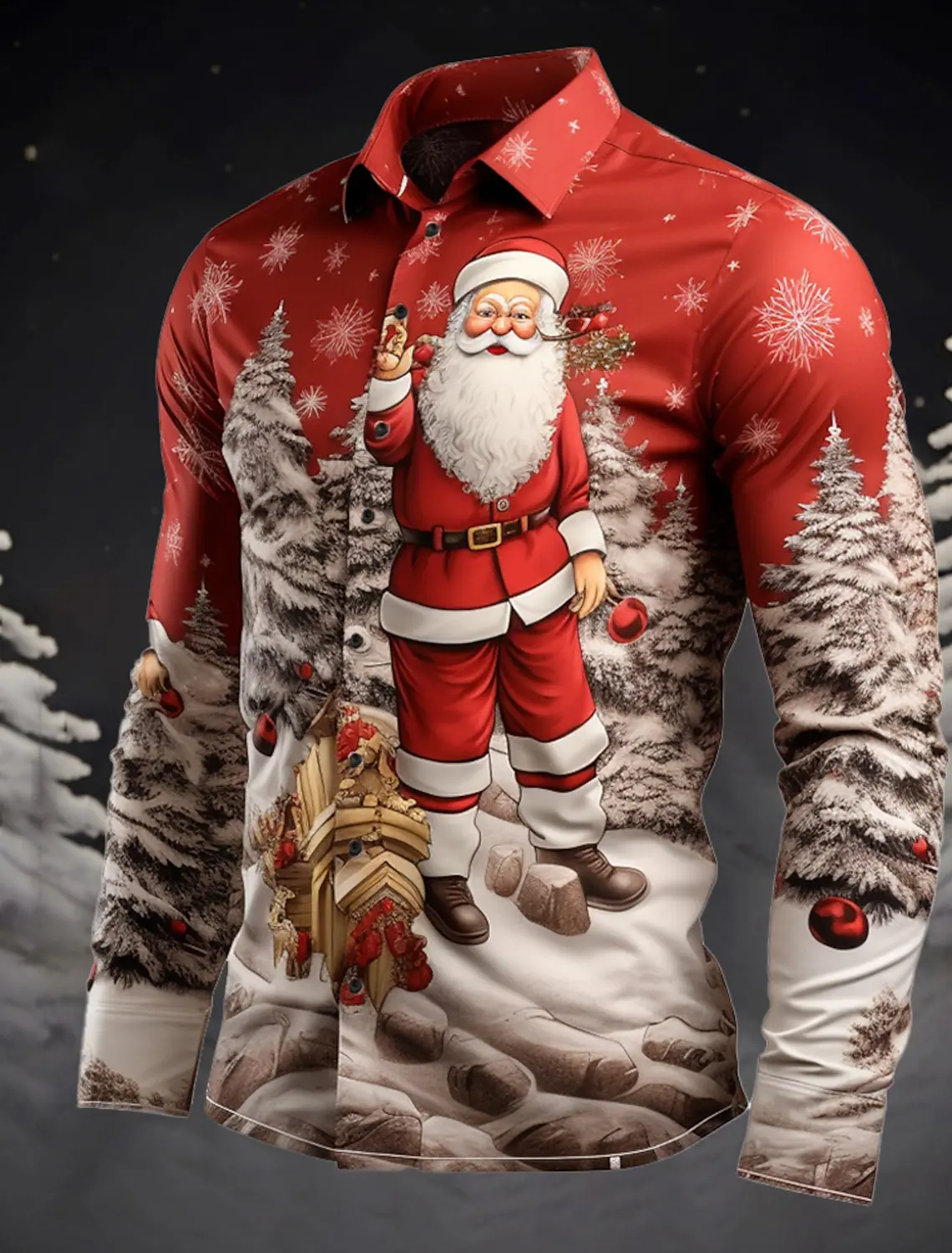 2024 Santa Claus Tree Casual Men\'s Shirt Daily Wear Going out Fall & Winter Turndown Long Sleeve 4-Way Stretch Fabric Shirt