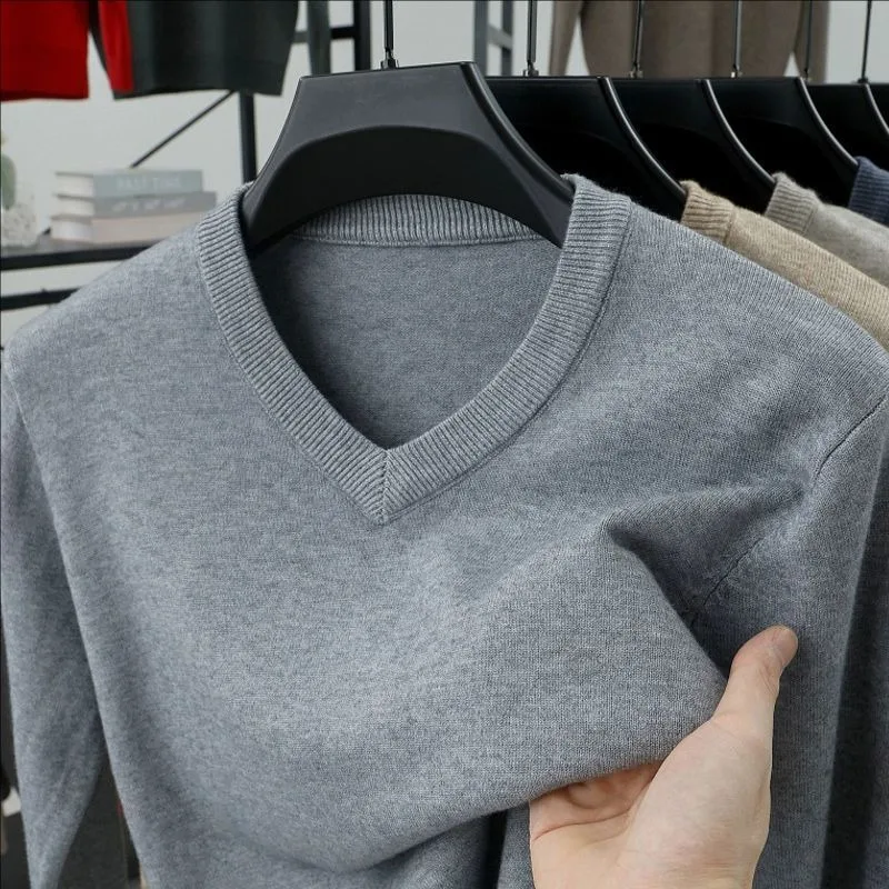 

Spring Autumn Smart Casual Thermal Solid Color 2025 New Mens V-Neck Knitwear Base Layer Pullovers Loose Plus Size Sweater Male