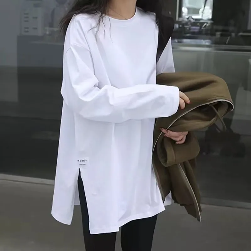 White Fleece Lined Base Layer Shirt Women's Oversize Mid-Length Long Sleeve T-Shirt for Layering Spring Autumn Winter