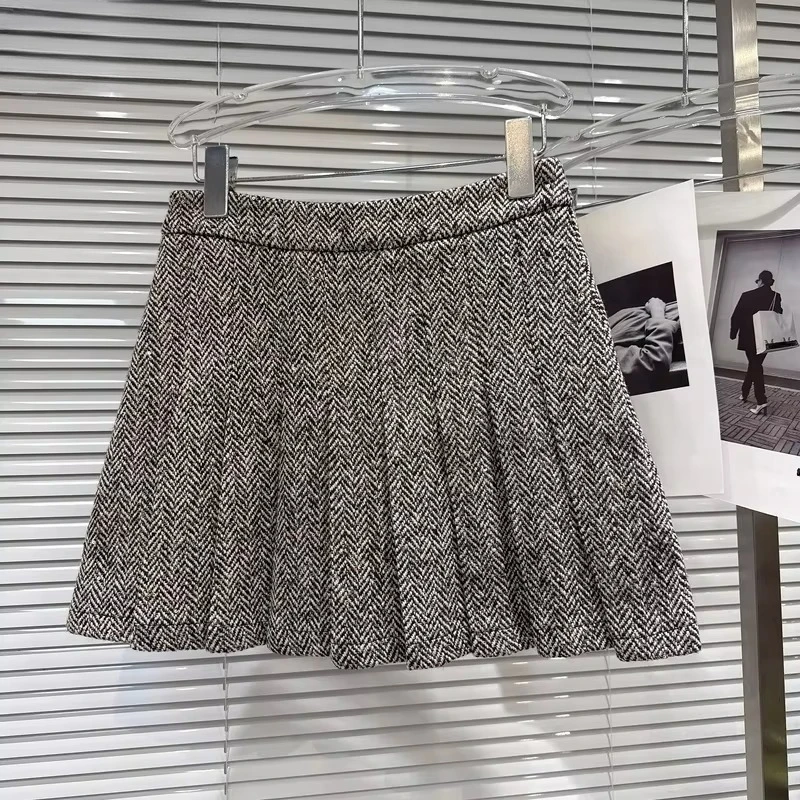 2026 Autumn Winter Vintage Style High Waist A Line Pleated Faux Woolen Striped Mini Skirt For Women Short Skirts 11C837