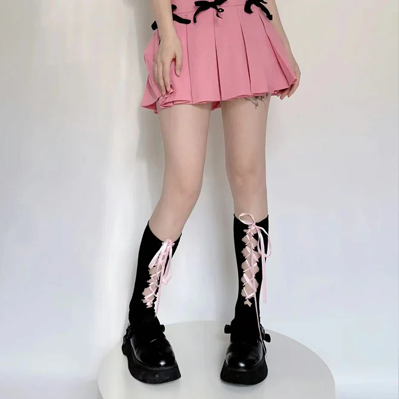 Jk Lace-up Calf Sock Straps calzini al ginocchio cotone Y2k Lolita Girl Straps calzini Sexy a tubo centrale calzini coreani Harajuku dolci giapponesi