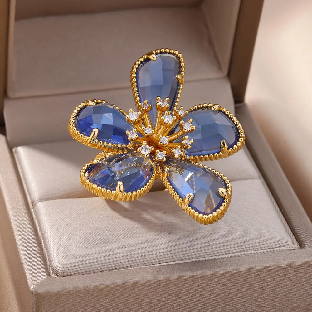 Flower Gold Color Stainless Steel Rings For Women Blue Copper Zircon Open Adjustable Luxury Ring Jewelry Party Gift 2023 New