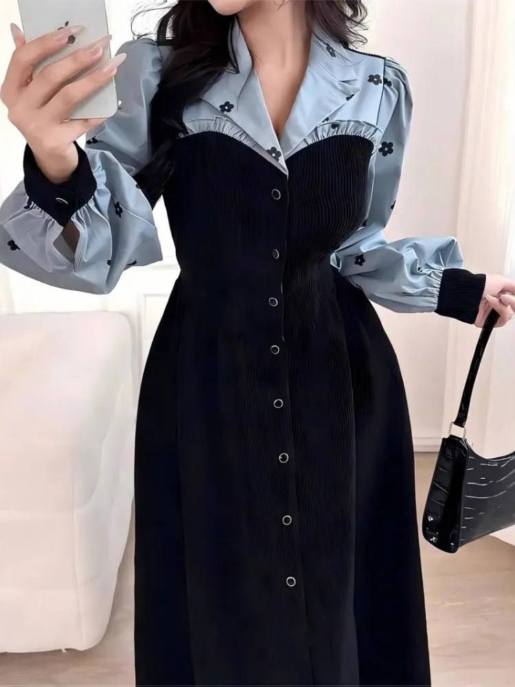 春秋ファッションプリントレトロパーティードレス女性セクシーシングルブレストラペルシャツドレスカジュアル長袖ボヘミアンワンピース