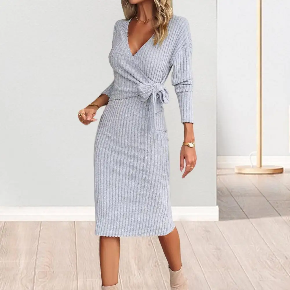 

Women Dress Long Dress Elegant Lace-up V-neck Midi Dress for Women Slim Fit Sheath with Long Sleeves for Spring for Shopping