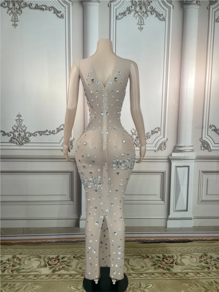 Rhinestone Women Sexy Sparkly Mesh Prom Evening Transparent Crystals Costume