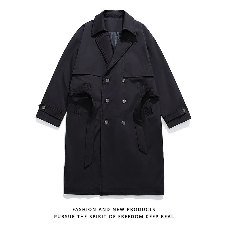 Fashion Mens Mid-Length Coat Autumn Winter Men Hong Kong Casual Outerwear Male Trendy Oversized Loose Trench Coat