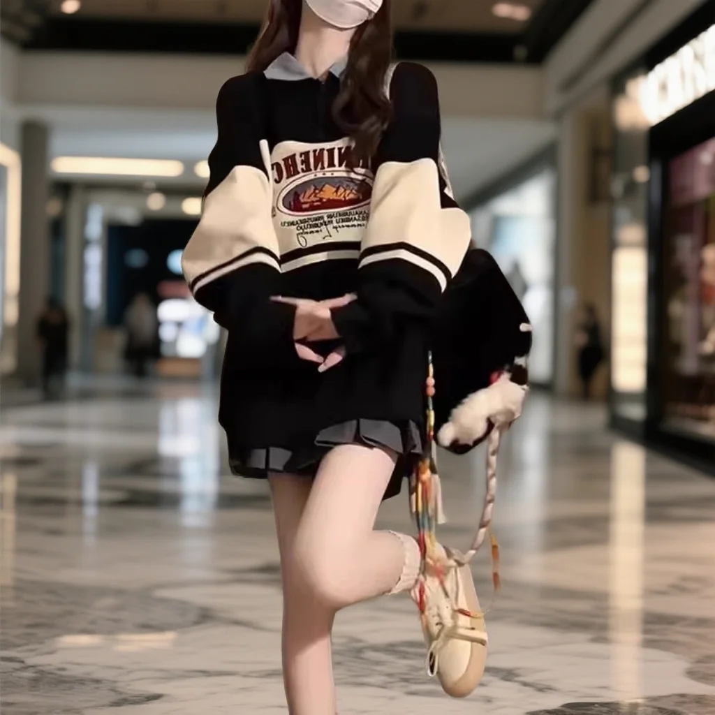 

Повседневная толстовка Laid-ba Sle plus Size 300 Pou Color Blo с винтажным принтом в гонконгском стиле, модный воротник, стритстайл