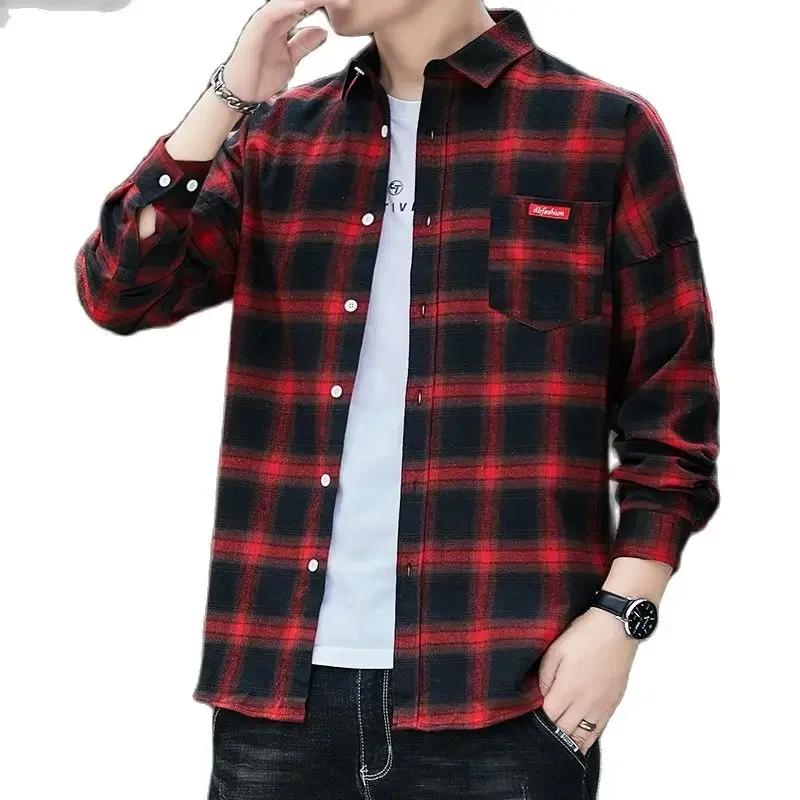 Autumn New Casual Men\'s Flannel Plaid Shirt Brand Male Business Office Red Black Checkered Long Sleeve Shirts Clothes