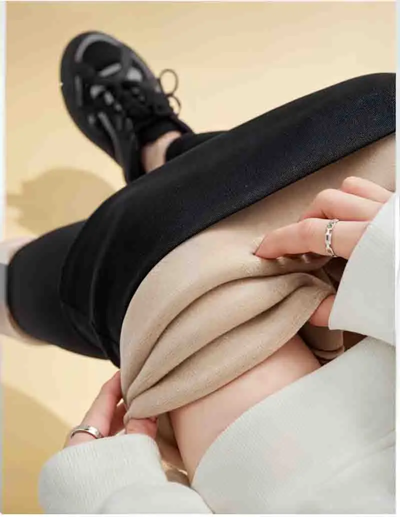 Women'S Fleece Leggings Plush?? Seven-Quarter Comfy Lady'S Shine Detail Match Decoration Oatmeal Lustrous High-Elasticity Tights