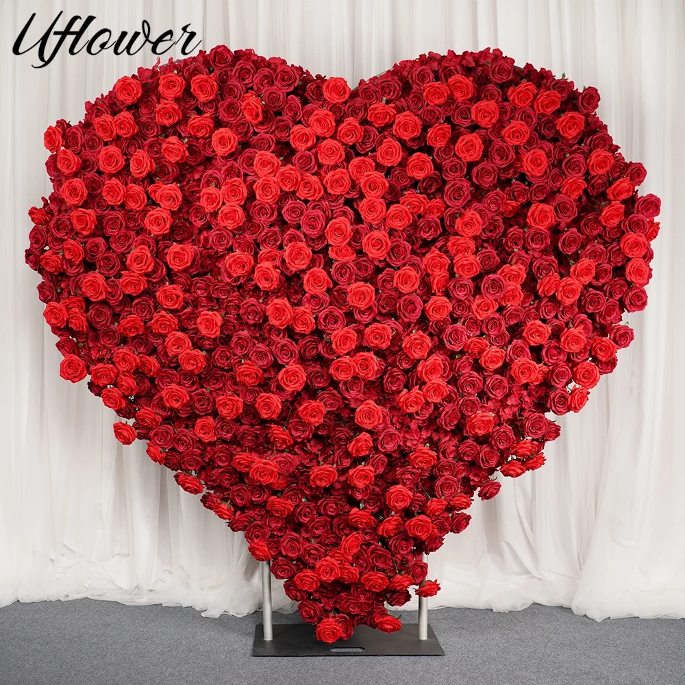 

Uflower Luxury Red Heart Shape Rose Cloth Flower Wall Wedding Arch Frame Red Floral Arrangement Event Party Props Backdrop Props