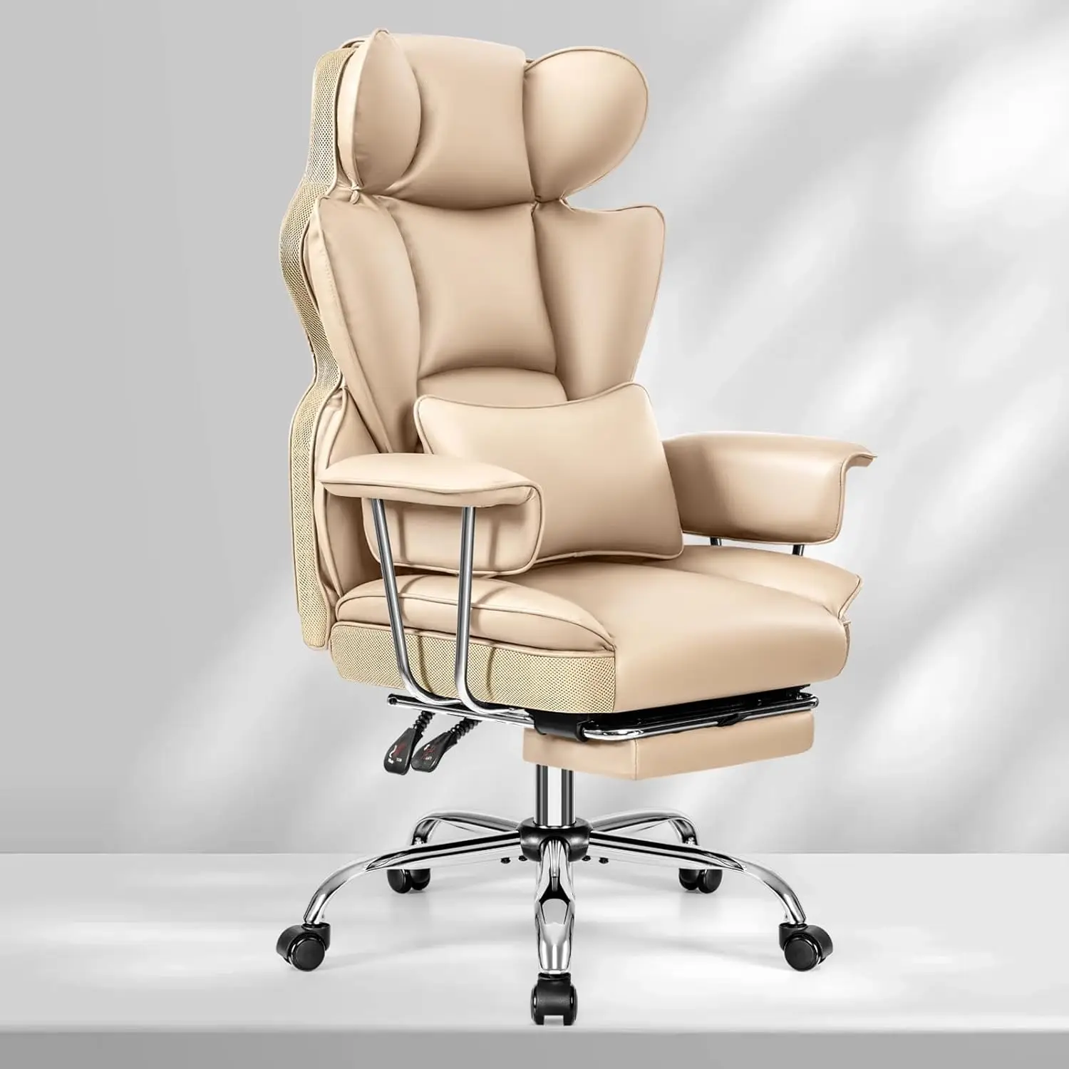 Silla de oficina ejecutiva grande y alta con reposapiés: silla ergonómica reclinable de cuero, respaldo alto con soporte lumbar, grande