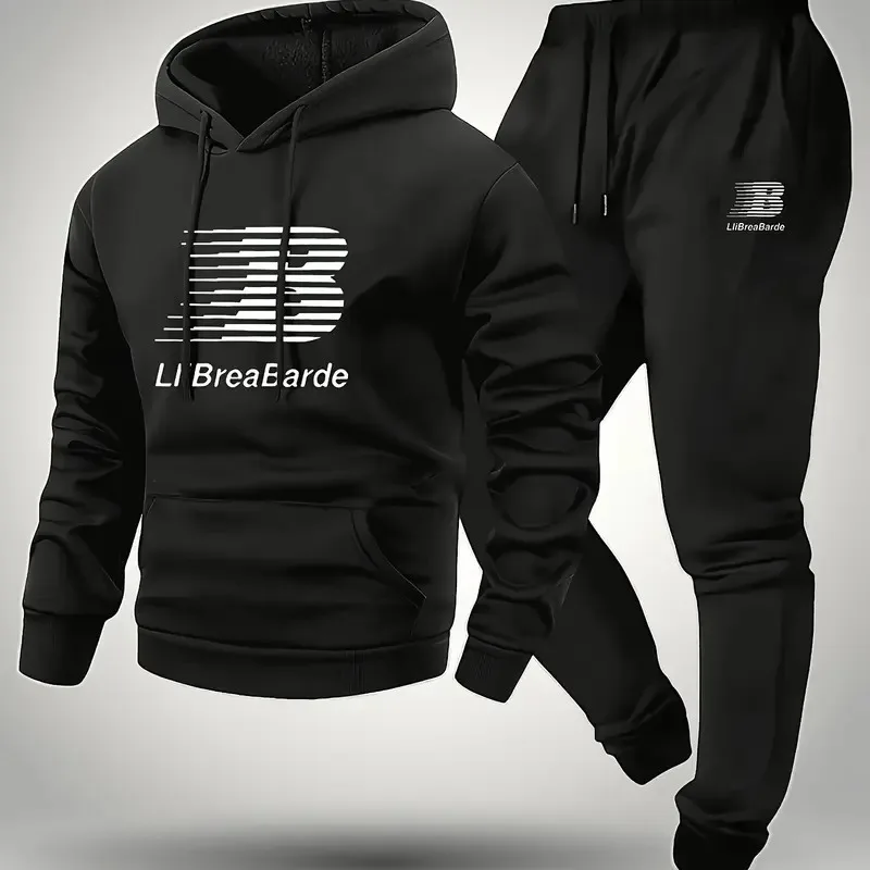 

Men's Printed Letter Graphic Casual Hooded Sports Outfit Long Sleeve Pullover Slightly Elastic Suitable for Spring and Autumn