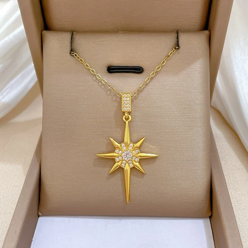 Exquisite Zircon Solar Cross Pendant Necklace Stainless Steel Star Zircon Pendant Necklace For Women Jewelry Gift