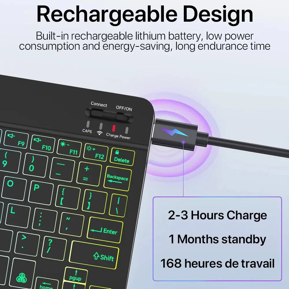 Wireless 7 Backlit Color Keyboard Bluetooth Keyboard for Tablet Laptop Rechargeable Arabic Russian Spanish Portuguese Keyboard