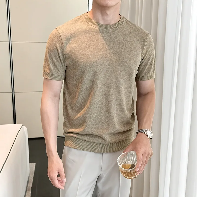 

High-end Solid Color Knitted Short Sleeve T-shirts Men Soft Comfortable T-shirt Casual Round Neck Knitting Tee Tops Men Clothing