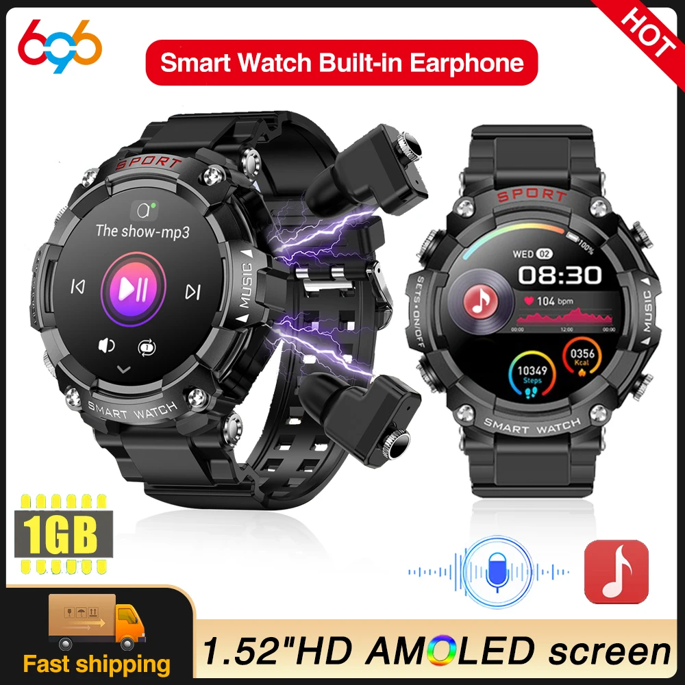 2 In 1 Blue Tooth Earbuds Built-in Speaker Smart Watch Fitness Tracker Heart Rate Monitor Sports Smartwatch Men Music Business