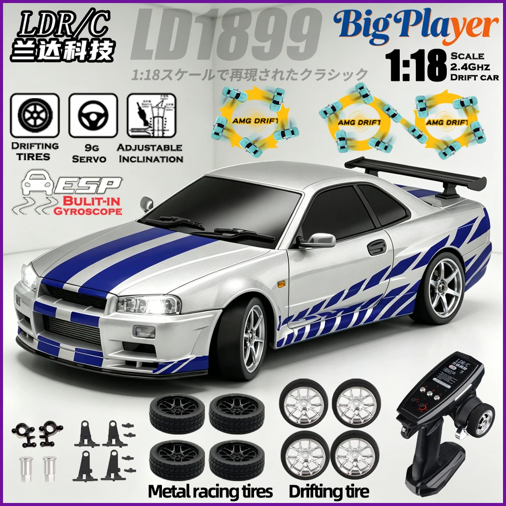 LDRC LD1899 1/18 GTR R34 RWD RC Drift Car ESP Gyroscope 2.4G LED Lights Metal Drive metal casing RTR Racing Toy Gift for Adults