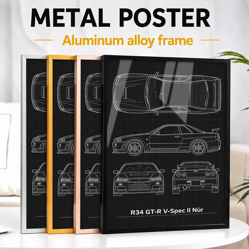Japanese R34 GT-R V-Spec II Nür Millennium Jade Sports Car Framed Metal Poster Personalized Speed Culture Wall Art For Workshop