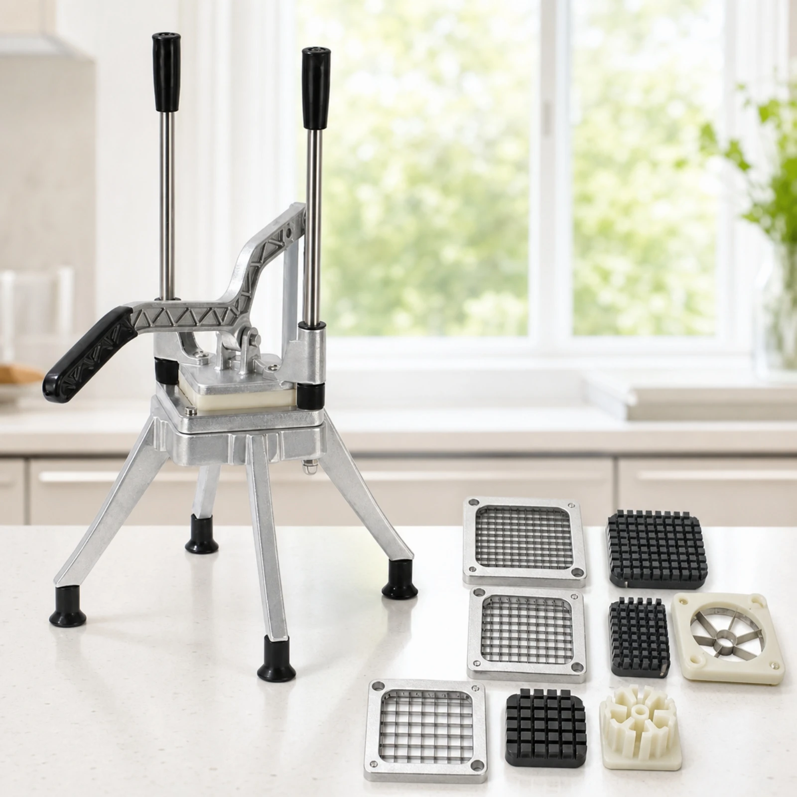 Vegetable and Fruit Chopper Upright Manual Cutting Machine Potato Cutter with Interchangeable Blades Stainless Steel for Chefs