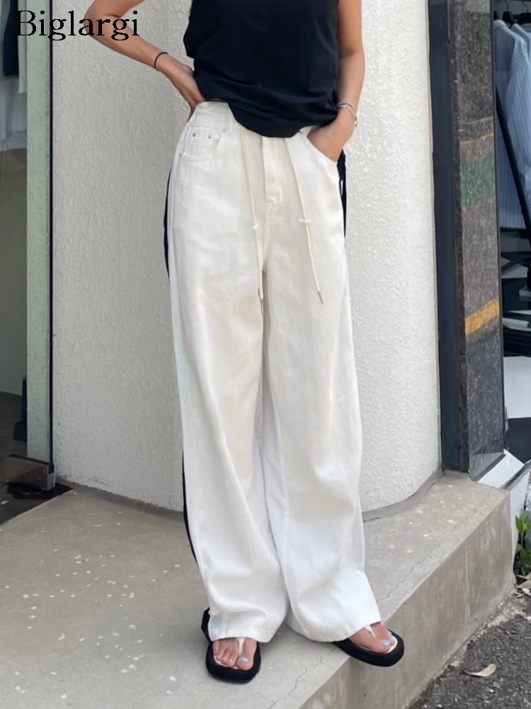 

Denim Patchwork Summer Long Pant Women Striped Print Casual Fashion Loose Pleated Ladies Trousers Korean Woman High Waist Pants