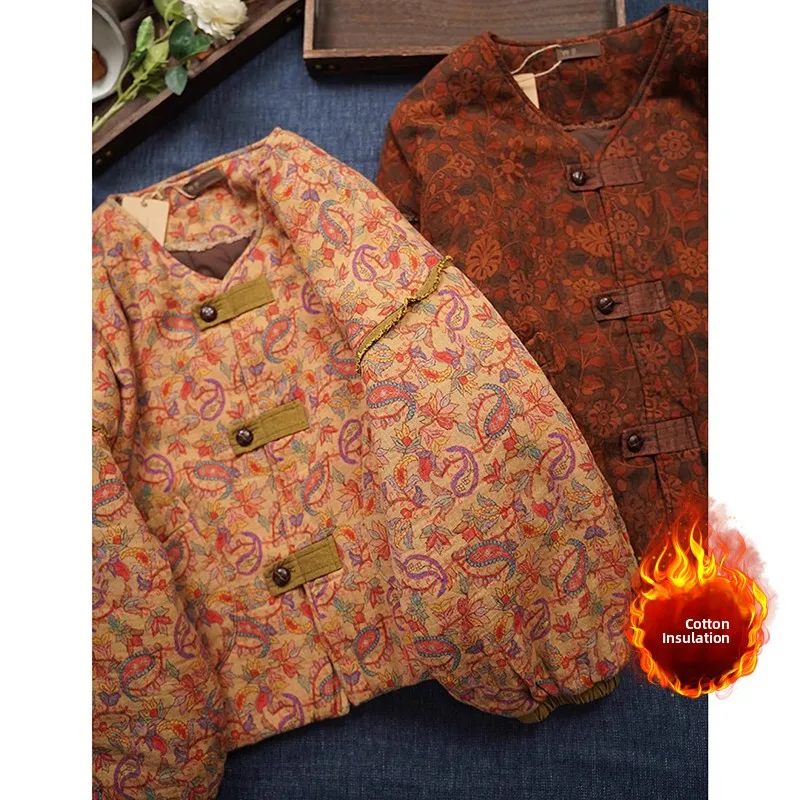 

Retro Floral Print Cotton Jaet Thiened Winter Coat V-Ne Women's Faion Outerwear Large Size Warm Sli Cotton Coat