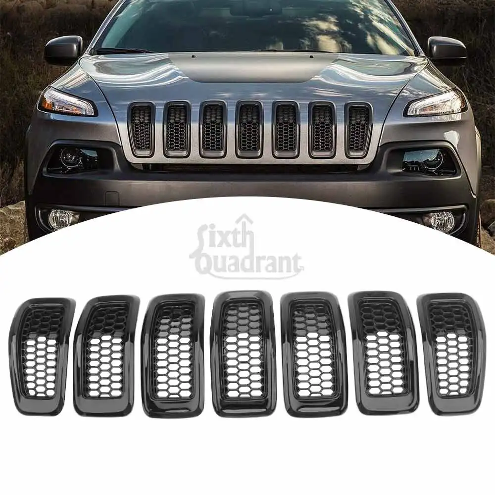 

7PC Glossy Black Chrome Front Bumper Grille Honeycomb Mesh Grill Cover Trim Decor Fit For Jeep Cherokee 2014 2015 2016 2017 2018