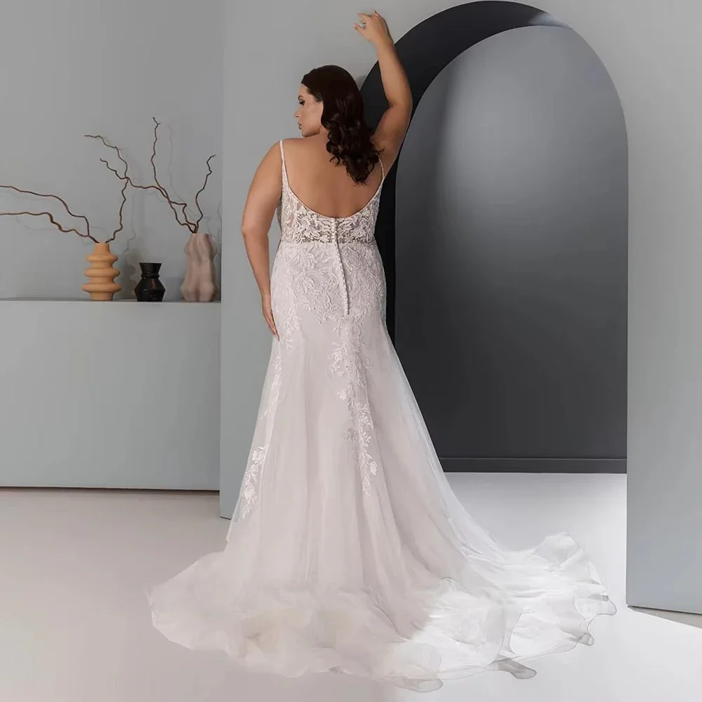 Plus Size V Neck Illusion Ruffle Cap Sleeve Lace Wedding Dress Floral Applique Bodice Tulle Mermaid Trumpet Gown with Train