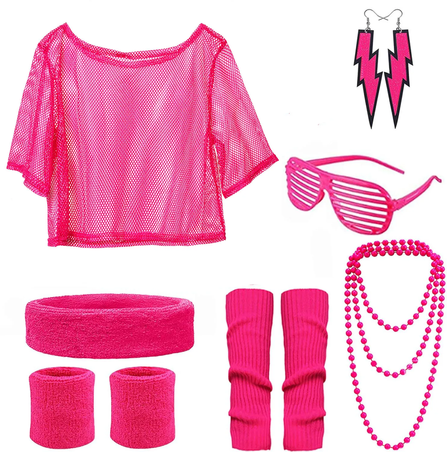 1980s Party Dance Costume Set | Fishnet T-Shirt, Ankle Warmers & Sports Headband (Retro Accessory Bundle)